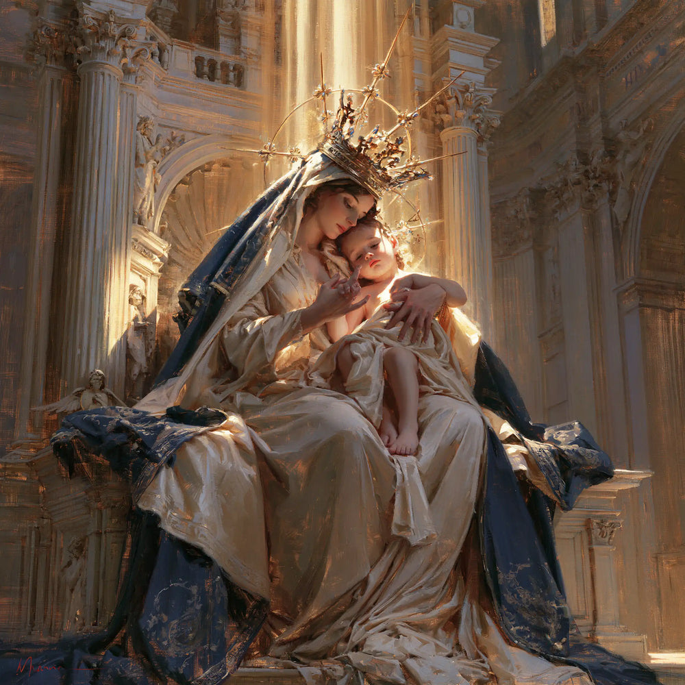 the Virgin Mary and the Child Jesus in a majestic composition in Sacred Monumental View style, square Christian artwork no. 4