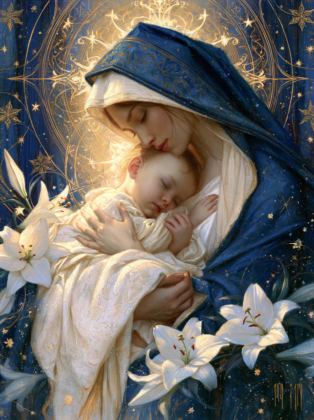 the Virgin Mary and the Child Jesus in Symbolist style, portrait Christian artwork no. 33