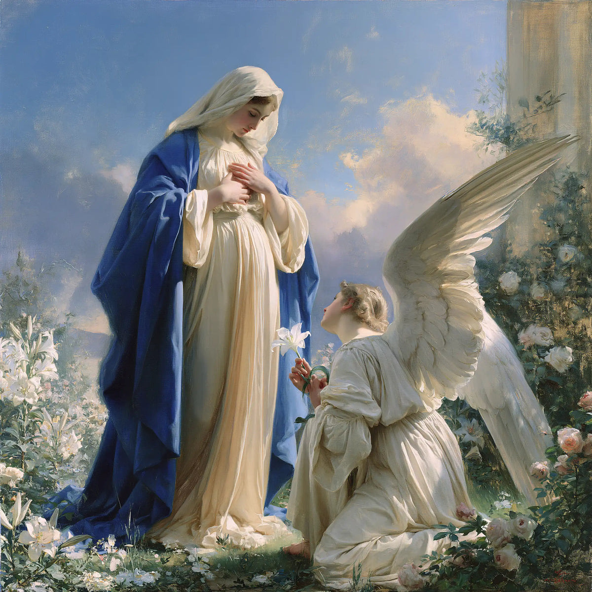 The White Lily beside the Garden Column – Bouguereau-Inspired Academic Art · Square